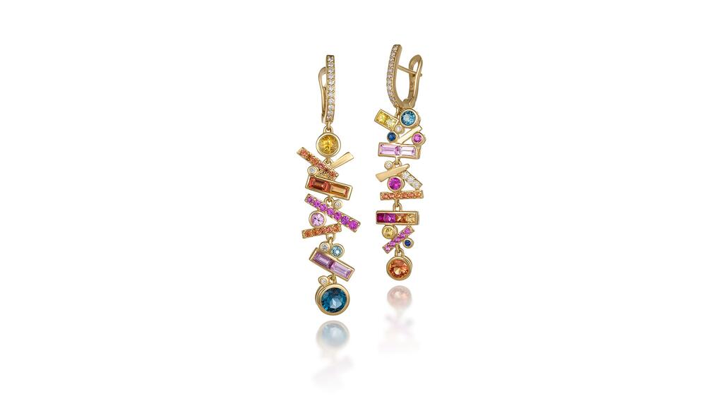 Martha Seely Design in Carlisle, Massachusetts, designed by Martha Seely. The “Falling Stars” long earrings with 0.24 carats of white diamonds, 3.11 carats of multicolored sapphires, London blue topaz, Swiss blue topaz, and pink tourmaline set in 18-karat yellow gold ($4,310) Martha Seely Design